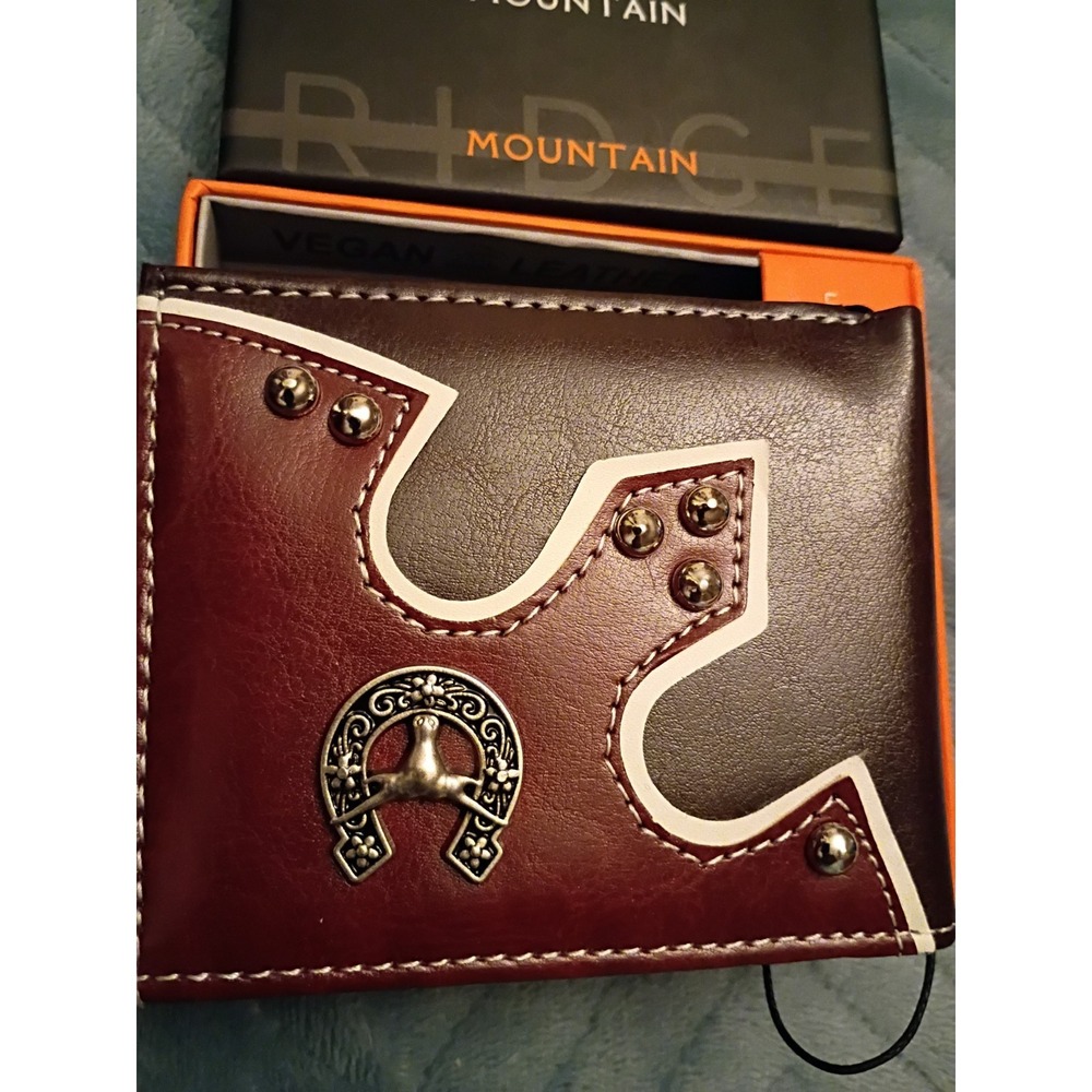 Ridge Mountain Cowboy Longhorn Bi-fold Black & Brown Studded Wallet NWOT In Box - Picture 2 of 11